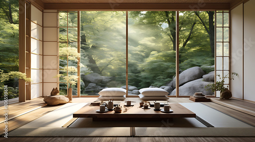 Serene meditation room with tatami mats, shoji screens, and a minimalist zen garden,
