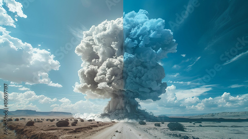 mushroom cloud divided vertically half white and half blue