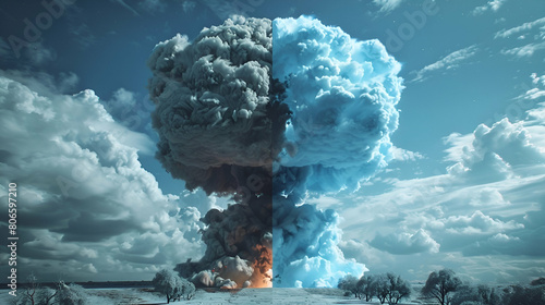 mushroom cloud divided vertically half white and half blue