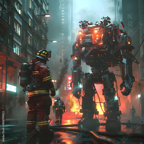 Brave Firefighters Battling Arsonist in a Dystopian Futuristic City Ablaze