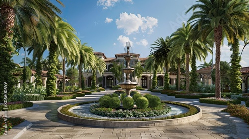 The grandeur of a villa's front yard, with a fountain centerpiece and palm trees lining the circular drive