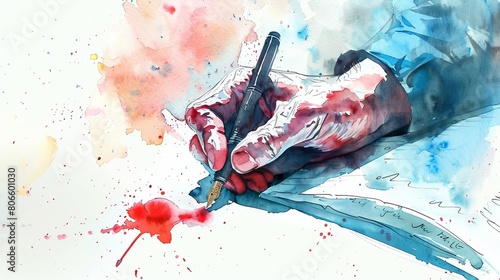 Dynamic watercolor showing a hand writing an emotional letter, a fountain pen in grasp, a healing wound visible on the wrist