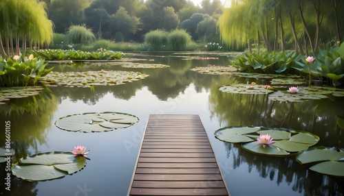 Tranquil Lakeside Garden With Colorful Water Lili