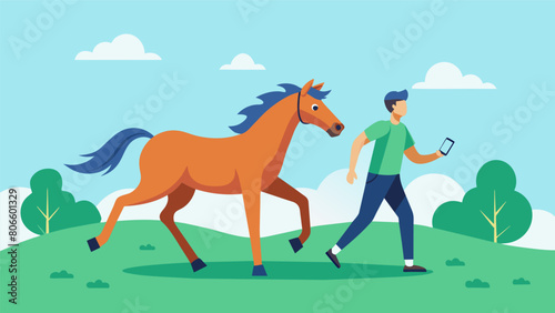 A horse trotting around the pasture with its owner using the fitness tracker to ensure it gets enough daily exercise.. Vector illustration