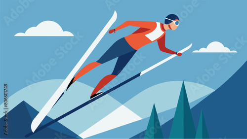 Determination and skill take center stage as a ski jumper seems to defy gravity their body positioned perfectly for a smooth landing.. Vector illustration