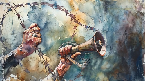 Dramatic watercolor of an arm wrapped in barbed wire, the fist holding a megaphone raised, evoking themes of struggle and voice
