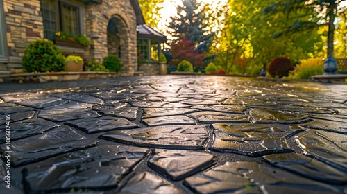 A driveway with black stones and trees.