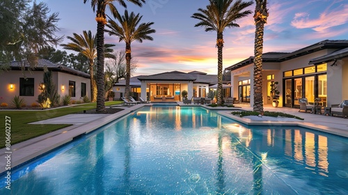 The peaceful solitude of a luxury pool home's backyard, with palm trees standing guard around the perimeter