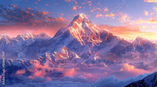 Photograph of Mount Everest at sunrise, beautiful sky, snowcapped peaks. Created with Ai