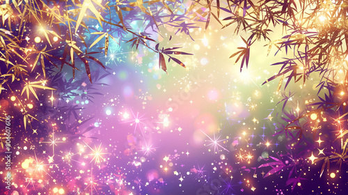 七夕の笹の葉と星が舞うキラキラの背景 Generative AI