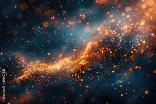A dark background with glowing orange and blue particles. Created with Ai