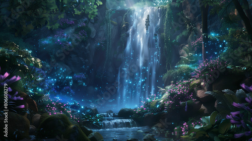 A beautiful, serene forest scene with a waterfall and a pond. The water is illuminated by the stars, creating a magical and peaceful atmosphere