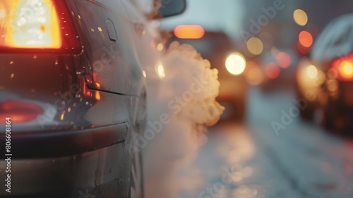 A car emitting thick smoke from its exhaust while driving on the road