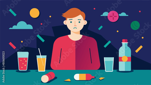 A person at a party surrounded by drugs but firmly saying no and avoiding temptation.. Vector illustration