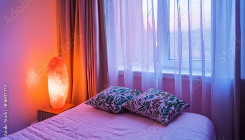 Transform your bedroom into a serene oasis with sheer curtains, botanical prints, and a Himalayan salt lamp for ambiance