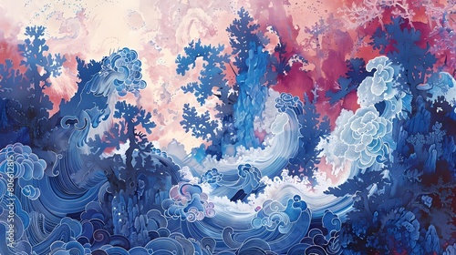 Blue and white porcelain landscape illustration poster background