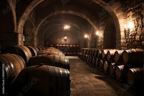 historic wine cellar with stone walls in a candlelight ambiance