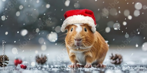 A cute guinea pig wearing a Santa hat is sitting in the snow.