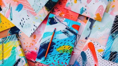 Colorful abstract paintings with playful patterns.