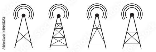 Radio tower icon set. Radio tower, mast with radio waves. Radio antenna vector.