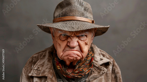 old man with Disgust: Nose wrinkles, lip curls, revulsion evident, recoiling in distaste