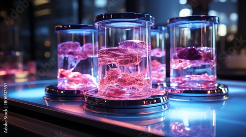 Futuristic synthetic beef development in a lab beaker, highlighted by advanced 3D rendering and neon lighting