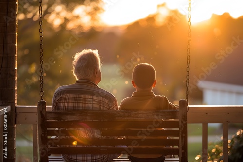 Golden Hour Harmony Grandparent and Grandchild Share a Quiet Moment on a Porch Swing Watching the Sunset