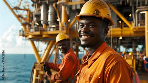 African industrial workers in the oil tube station at sea