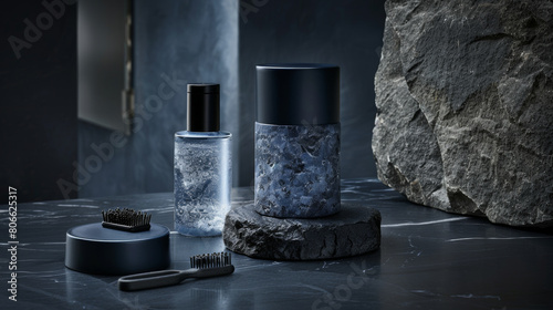 product photography, with two bottles of shampoo and a shampoo brush on the table.