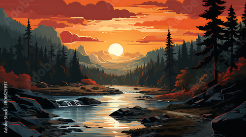 A vector graphic of a serene river with a bridge.