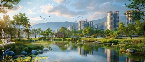 A feature on the integration of green spaces and biodiversity in ecocity designs, driven by ESG values that prioritize environmental conservation