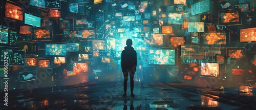 A creative depiction of multiple screens displaying social media feeds, news, and messages around a person, visualizing the overload of digital information