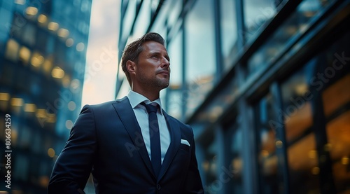 Handsome and confident businessman in a suit standing against a modern glass building, business concept.