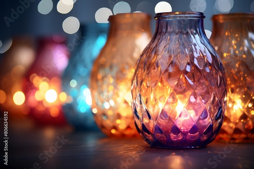 Colorful glass candlestick on bokeh background with copy space