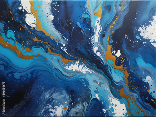 blue , white , gold acrylic pour painting