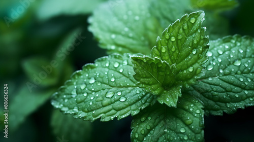 close up view of a Fresh green mint leaves with water drops on it , macro background, peppermint , blur background , plant 