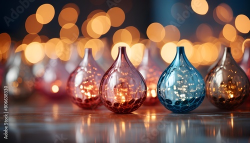 Colorful decorative glass vase with bokeh lights on background