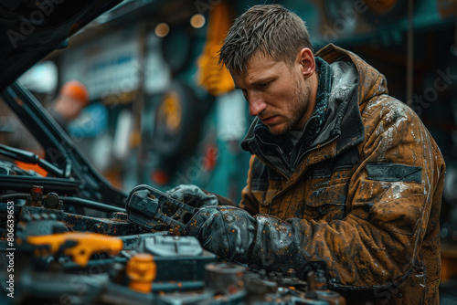 Young male auto mechanic repair a car