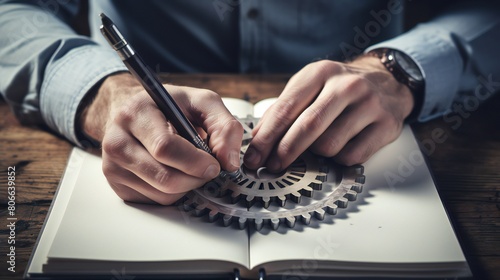 Masculine fingers drafting the mechanism of a large cogwheel on a notepad, implying devising plans leading to operational excellence and optimized productivity for attainment of goals