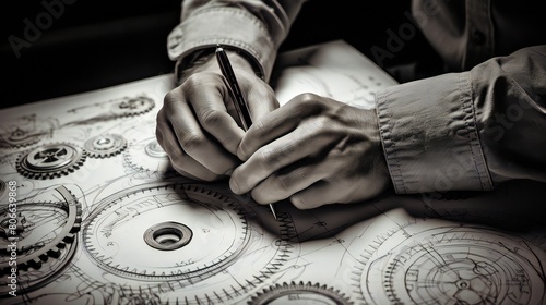Masculine fingers drafting the mechanism of a large cogwheel on a notepad, implying devising plans leading to operational excellence and optimized productivity for attainment of goals