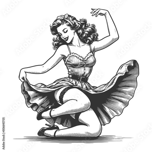 elegant retro dancer captured mid-movement, her flowing dress and poised stance emphasizing the timeless grace of classic dance sketch engraving generative ai fictional character raster illustration. 