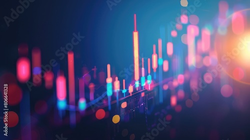 Business candle stick graph chart of stock market investment trading on blue background. Bullish point, up trend of graph,abstract background with glowing neon lines and bokeh. 3d rendering 