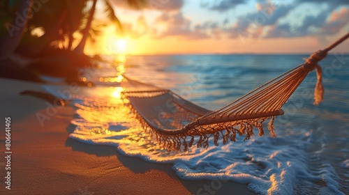 A hammock swaying, blurred serene beach at sunset