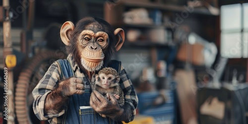 A chimpanzee wearing a plaid shirt is holding a baby monkey in its hands. The chimp is looking at the baby monkey with love and care.