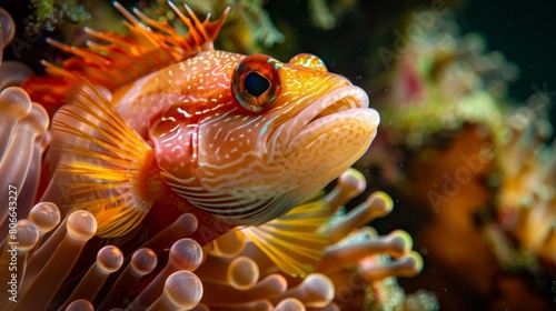 Intense close-up image of a colorful hawkfish, showcasing its intricate patterns and vibrant colors against the backdrop of a coral reef.