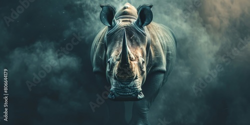 A powerful rhinoceros stands in the mist, its muscular form andXi Niu Zai Wu Zhong Ruo Yin Ruo Xian ,Ji Rou Fa Da ,Mu Guang Jiong Jiong ,Zhan Xian Chu Shi Zu De Li Liang Gan .
