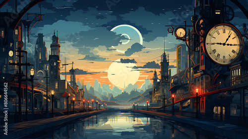 A vector image of a clockwork-inspired cityscape.