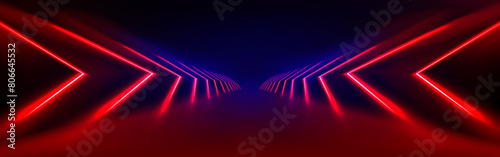 Red led light tunnel on black background. Vector realistic illustration of abstract neon arch illumination glowing on dark stage, laser beam corridor for nightclub decoration, futuristic cyber space