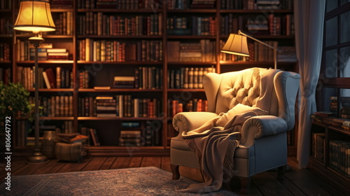 cozy reading nook with a comfortable armchair, a bookshelf filled with books, and soft lighting