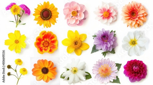 There is a large selection of various wildflowers isolated on a white background,Set of colorful seasonal blooms,Macro photo of flowers set, rose, arnica montana, daffodil, blue periwinkle etc